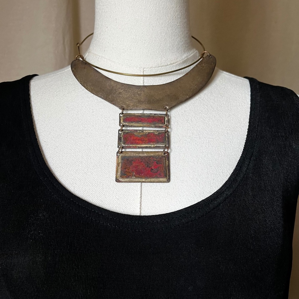 Vintage Ed Gray 1979 Brutalist Copper Statement Collar Necklace 14"